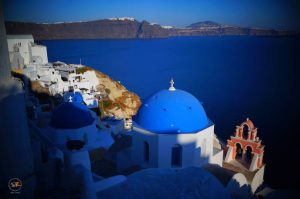 The most photographed blue-domed church in Oia, Santorini, Greece